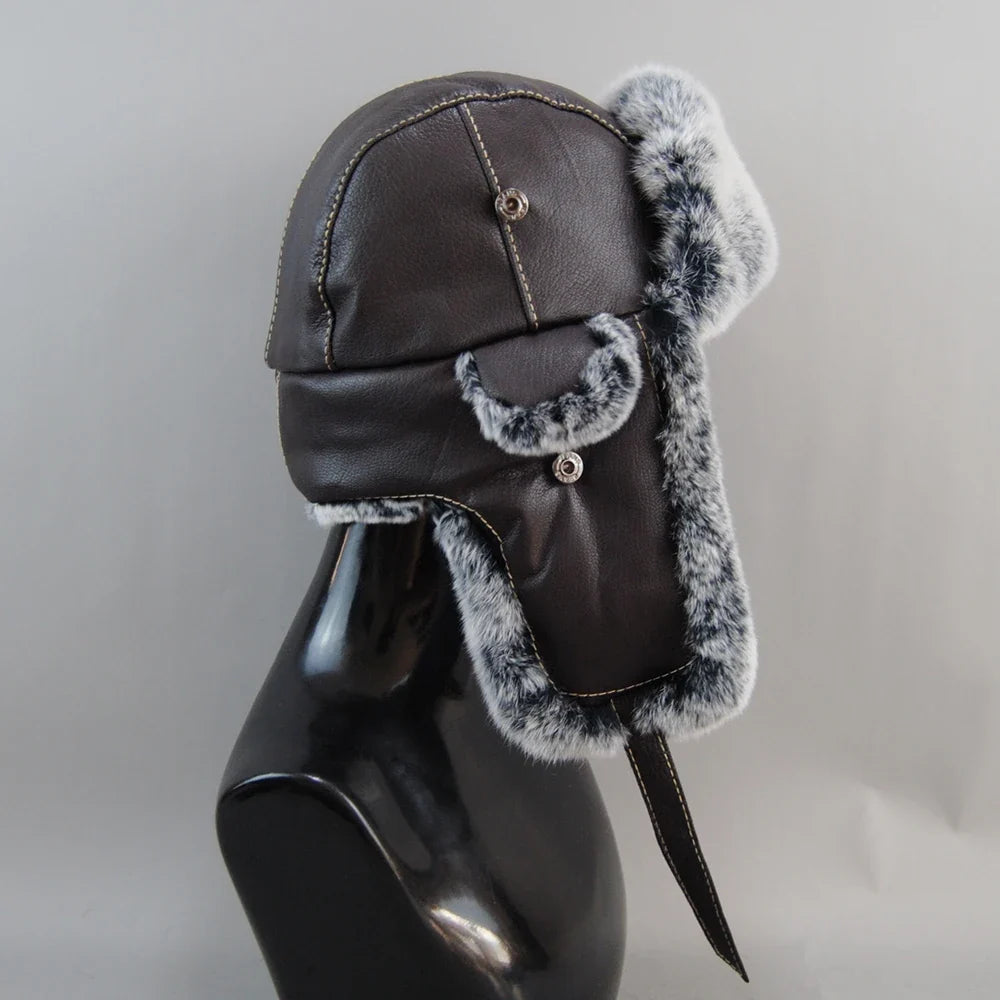 New Arrival Winter Russian Man Warm Real Sheepskin Leather Hat Male Real Fur Caps Men 100% Natural Rex Rabbit Fur Bomber Hats