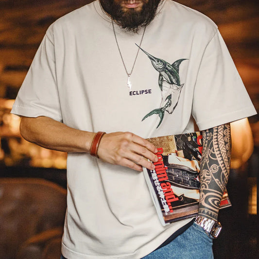 Casual Printed Short Sleeve T-Shirt Men's Summer Loose Fit Heavyweight Cotton Ribbed Round Neck Tee Versatile Street Tops