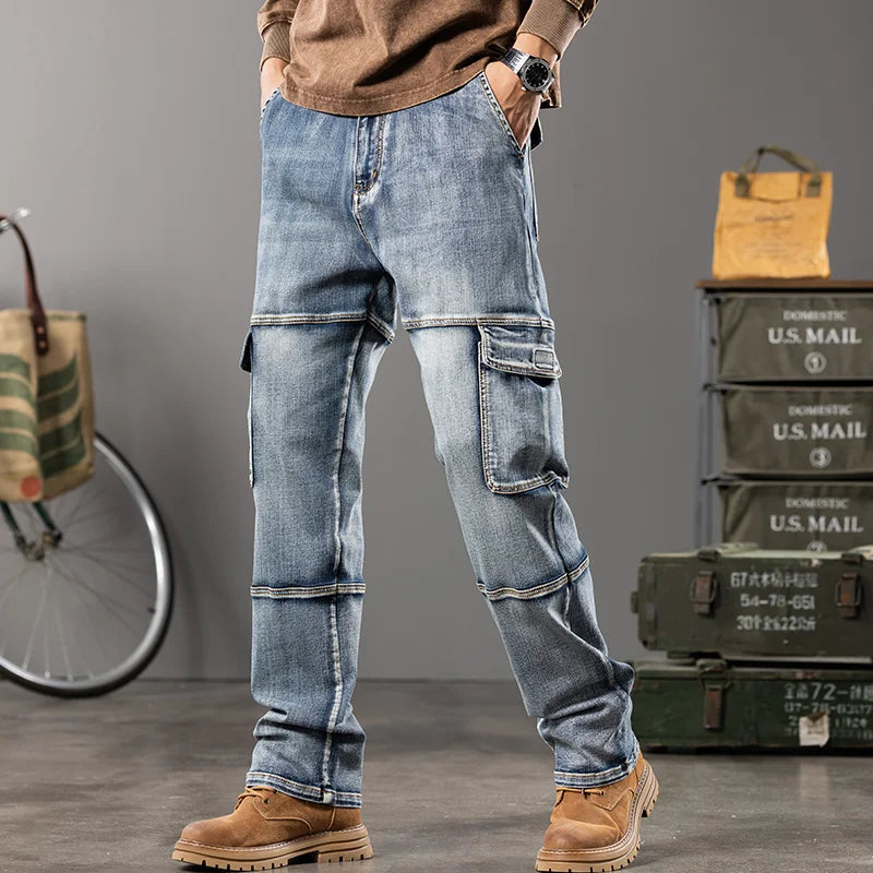 Autumn and winter new styles Men's Outdoor Wide Leg Workwear Multi-Pocket Jeans Straight fit plus size men's jeans 42 44