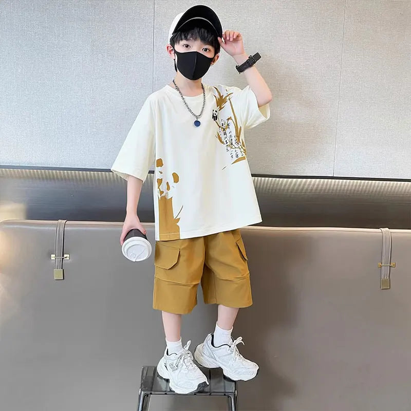 Chinese Style Kids Boy Summer Suit Twopiece Outfit Set With Panda Print T-shirt And Shorts Clothing Set for Children Streetwear