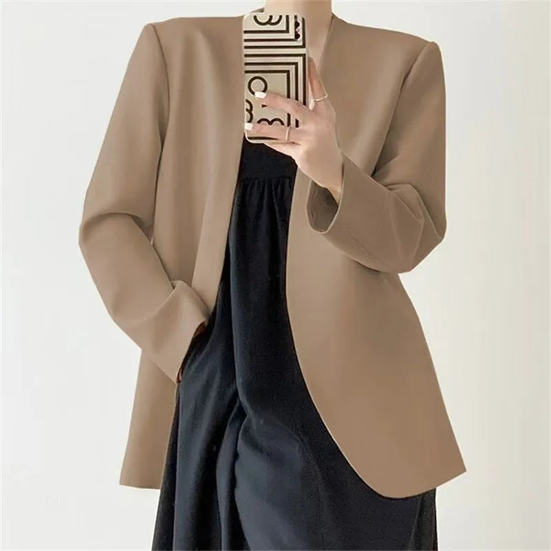 British Style Solid Color Suit Jackets Women 2025 Loose Buttonless Long Sleeve Blazers Woman Office V-Neck Suit Coats Lady
