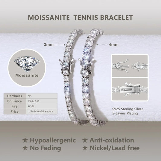 Bracelet Tennis Fin Entièrement Moissanite Plaqué Or 18 carats Argent Sterling 925 Bracelet Diamant Créé en Laboratoire Couleur D pour Femmes et Hommes