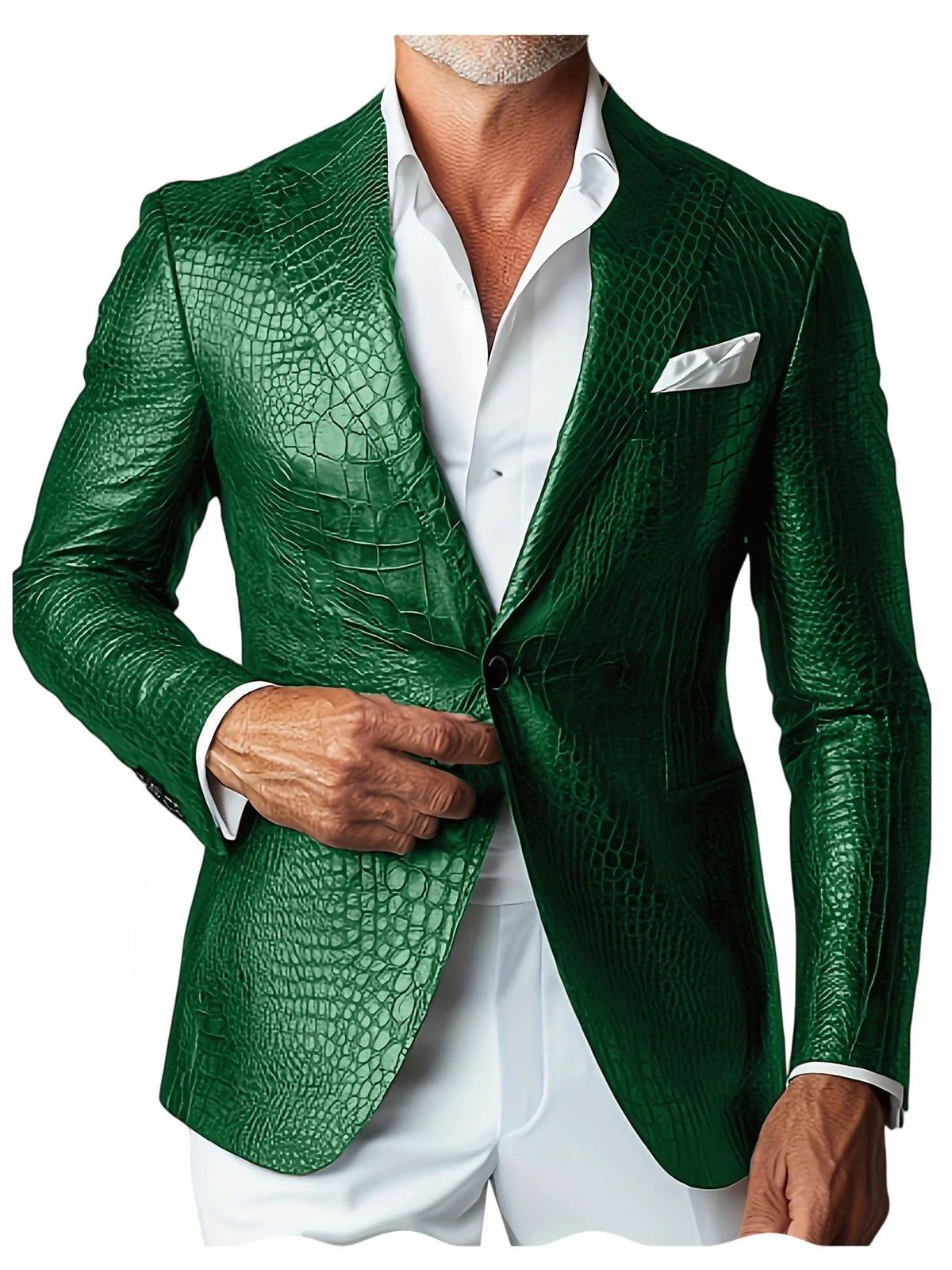 Luxury Men's Crocodile Embossed Leather Blazer Notch Lapel Suit Fit 1 Button Jacket Shiny Croc Print Formal Business Party Coat