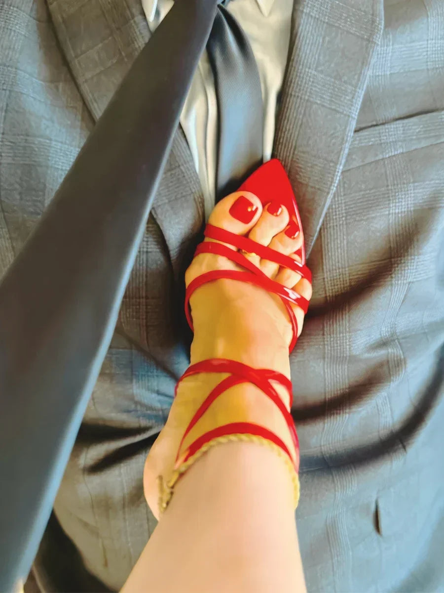 2025 New Summer Pointed Toe Cross Straight Strap Sandals with Thin Heels for Women, Red Bottom High Heels, Fashion Sandals