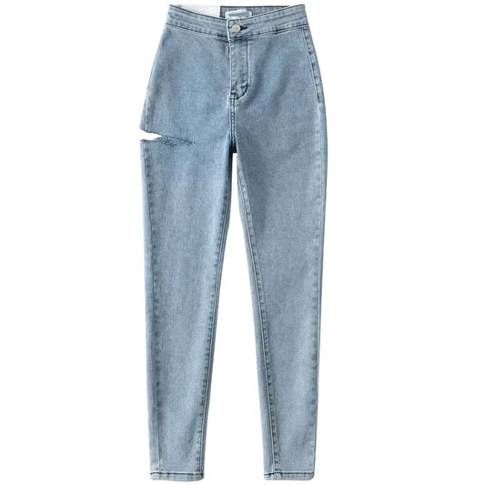American Spicy Girls Sexy Hole Jeans Slim High Waist Elastic Feet Pencil Pants Trousers Fashion Women BOF8