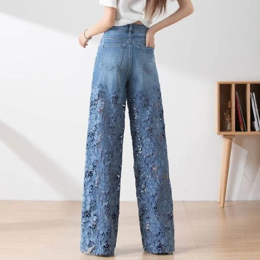 Y2k Women's cute jeans High Leg Waisted Wide 2025 Spring Summer Fashion Hollow Lace Patchwork Denim Pants