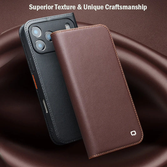 Case for iPhone 17 Pro Genuine Leather Flip Bracket Handmade Business Cover with Card Slots for iPhone 17 Pro Max/17Air