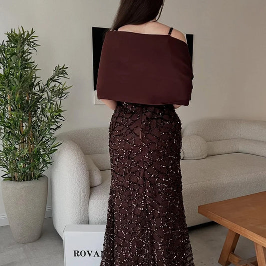 Customized Dark Brown Square Neck Prom Dress Sequin Embellished Bow Shoulder Cape robes de soirée Slim-Fit Mermaid 2025