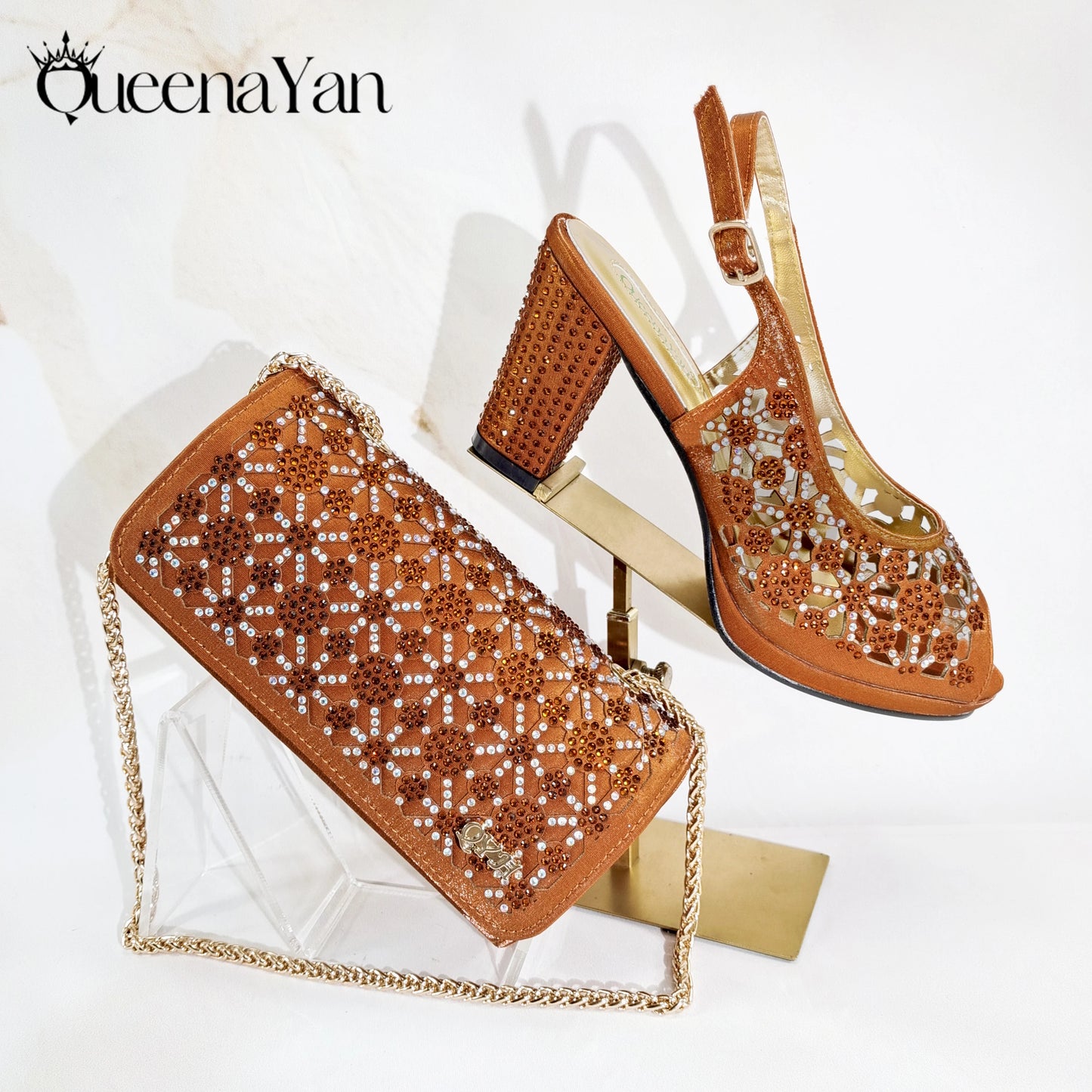 2025 New Rhinestone Design African-Inspired Shoe and Bag Set Olive Toe-Exposing Comfortable Women's High Heels Trending on INS