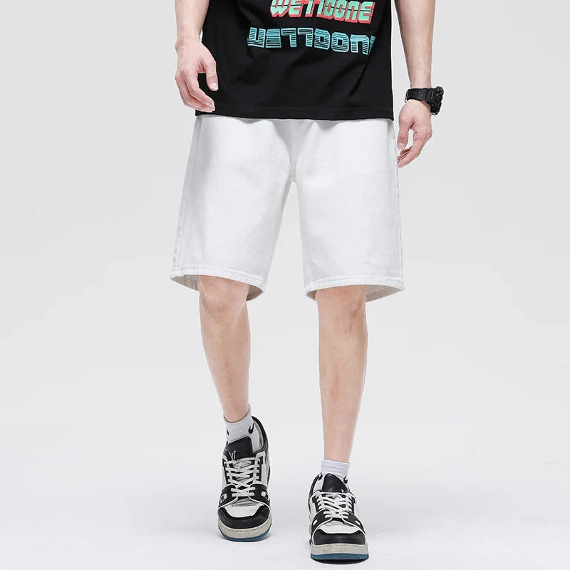 Summer New White Casual Men's Denim Shorts Ripped Fashion Loose Straight Street Bermuda Jeans Male Hole Short Pants