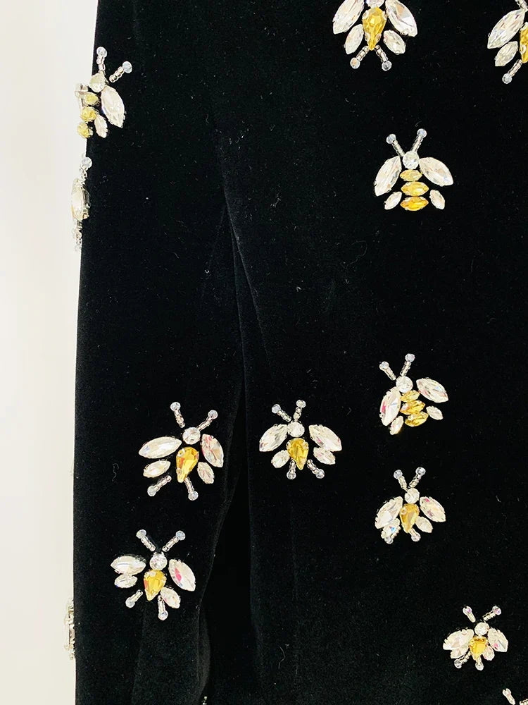 HIGH STREET Newest 2026 F/W Designer Jacket Women's Single Button Stunning Rhinestone Diamonds Beaded Bee Velvet Long Blazer