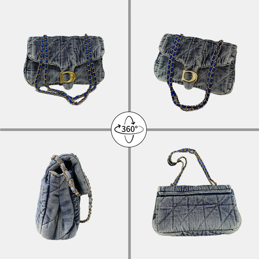 Hong Kong Style Retro Distressed Denim Armpit Bag for Women 2025 Summer New Fashion Versatile Commuter Shoulder Bag Chain Mobile Phone Bag Daily Work to School Class Lipstick Tissue