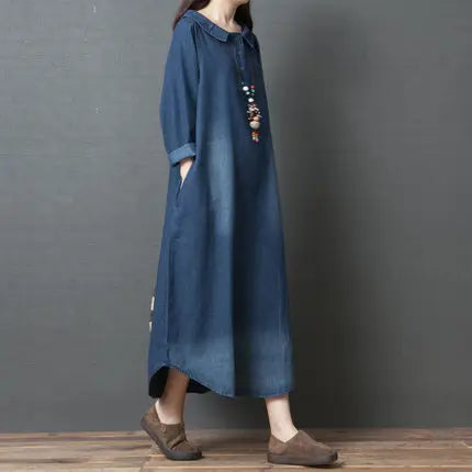 Women's Denim Dr Long Sve Loose Fit irt Sle Autumn Spring Faion plus Size Clothing Meat Concealing Slimming Skirt