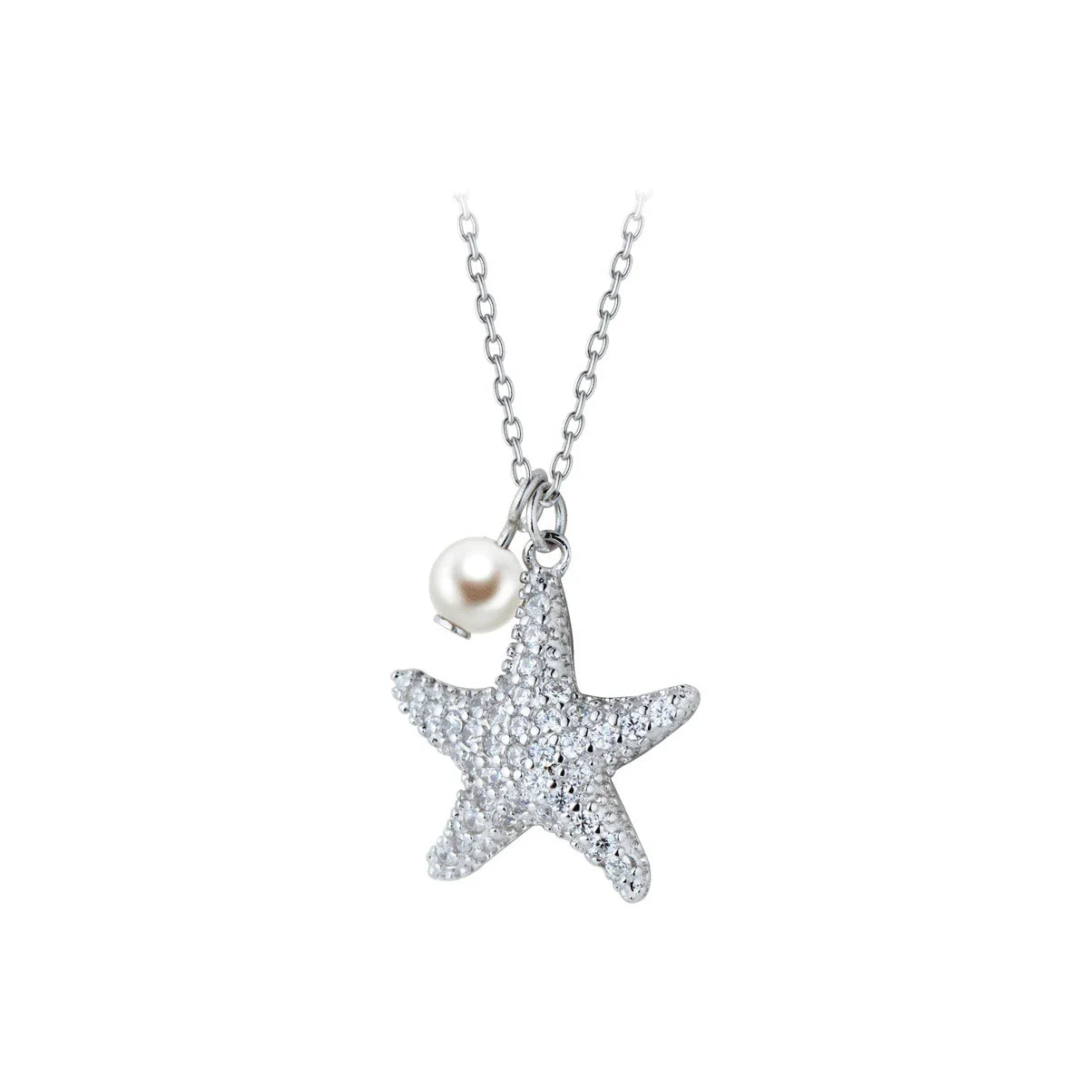 Marine Life Adjustable Necklace for Women Shiny Zircon Starfish Pearl Sterling Silver 925 Pendant Necklace Fine Jewelry