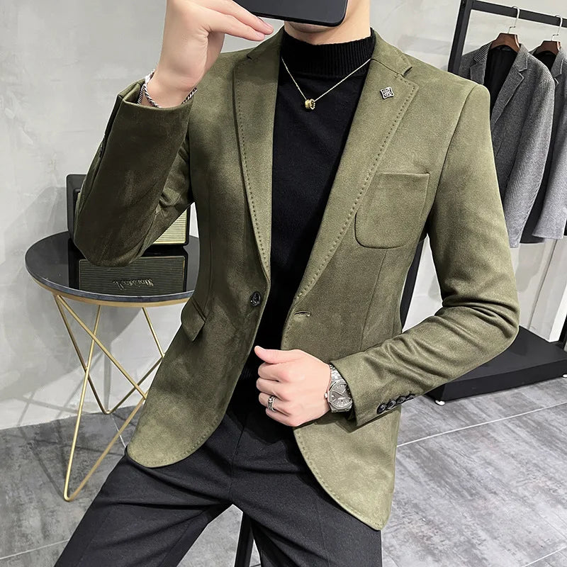 Men's Deerskin Fleece Suit Jacket 2025 Spring New High Quality Single Button Slim Fit Business Casual Suit Coat Men Clothing