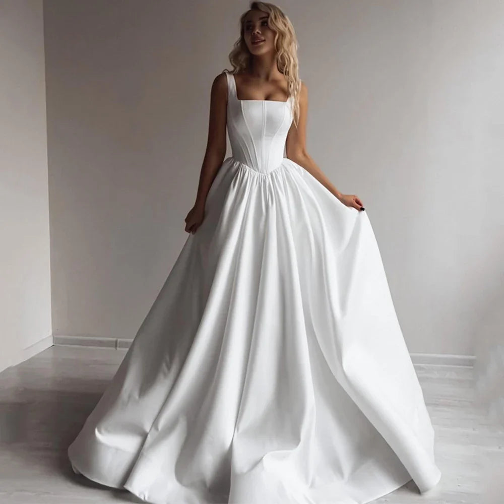 Customized A-Line Wedding Dresses Satin Sleeveless Dress Boho Beach Square Collar Evening Prom Gowns Custom Size