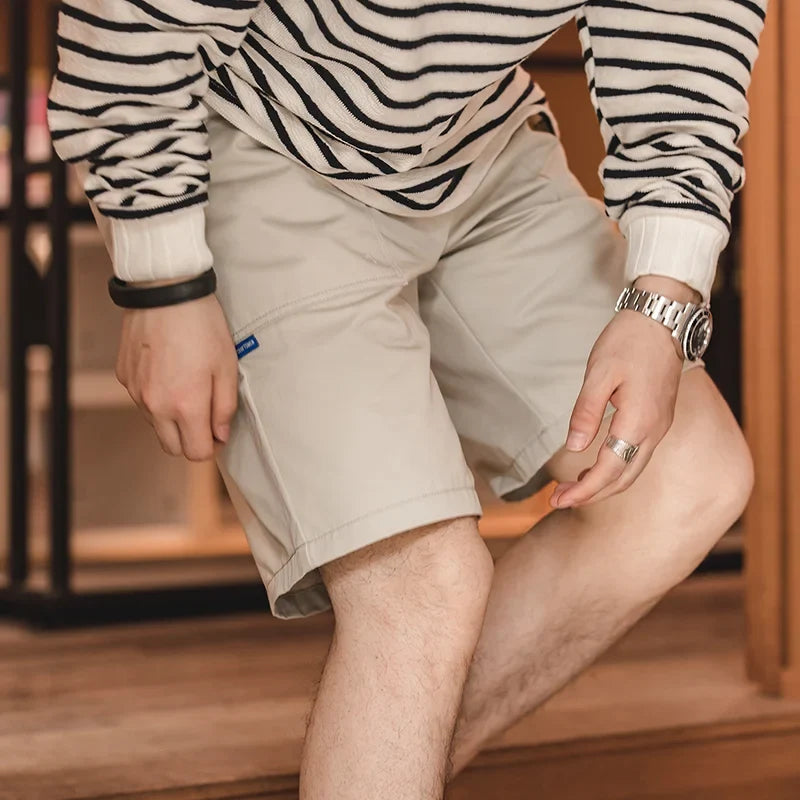 Vintage Khaki Canvas Shorts Men's Summer Slim Fit Straight Leg Pants Cotton Shorts with Elastic Waist Pocket Casual Bottom