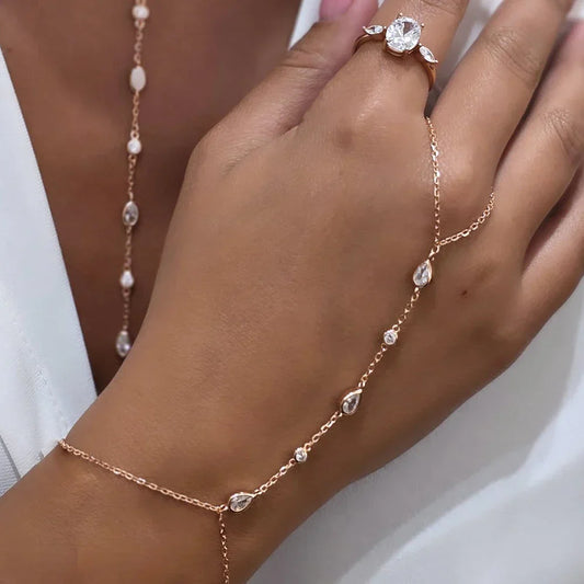 Bagues et bracelets en moissanite ronds/gouttes d'eau pour femmes en argent sterling 925, chaînes de poignet et de doigts ajustables