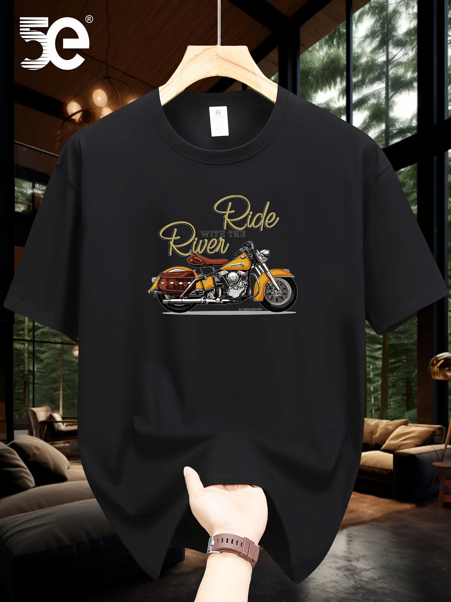 Summer men's 100% pure cotton casual loose oversized classic motorcycle creative printed round neck short sleeved T-shirt top