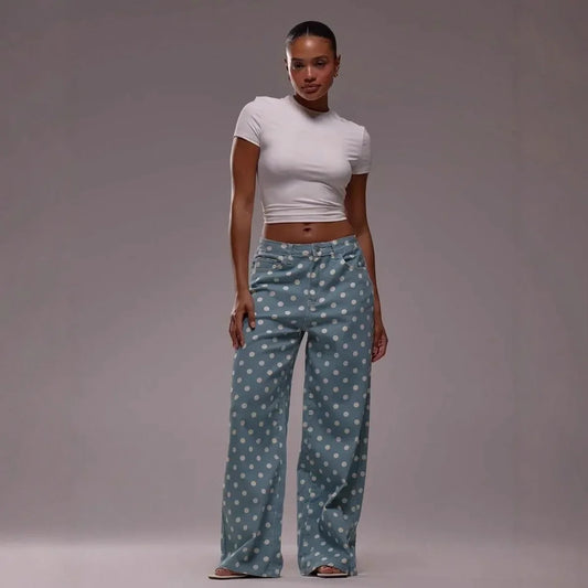 Spring Autumn High Wasit Jeans Pants Women 2026 Fashion Vintage Polka Dot Print Wide Legging Denim Trousers Bottoms Casual