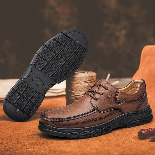 Men's Handmade Thick Rubber Bottom Breathable Casual Leather Shoes Classic Sewn Loafers Comfortable Leisure Footwear