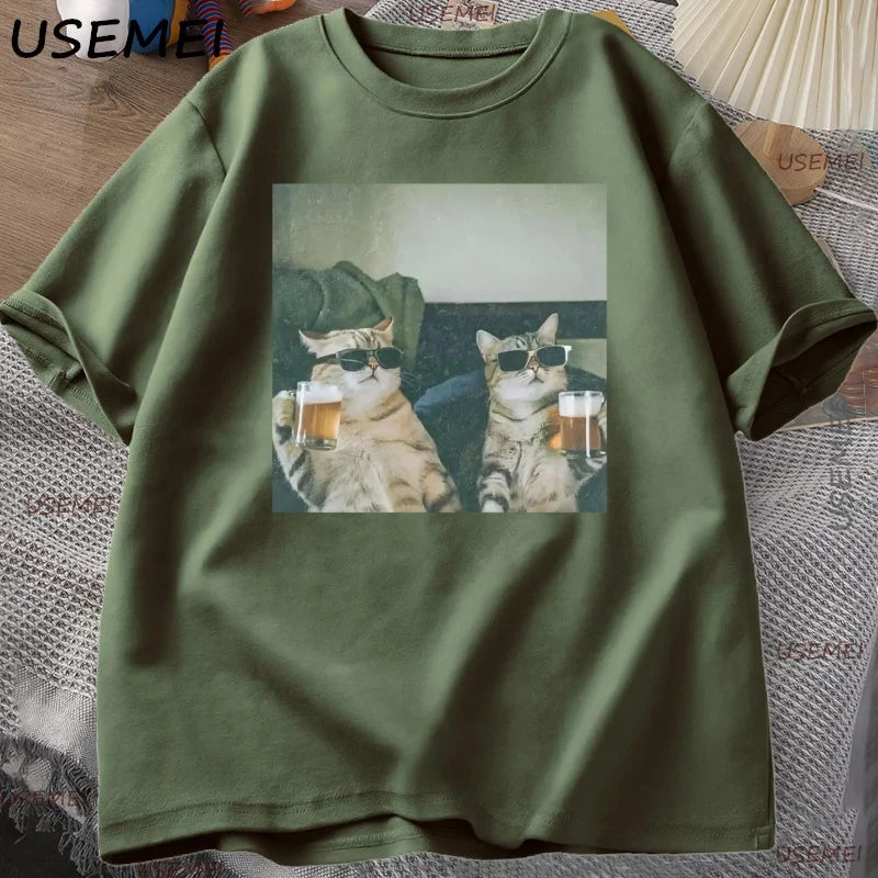 Funny Cool Cat Drinking Beer T-shirt Casual Cotton Short Sleeve T Shirt Man Clothes Harajuku Round Neck Men's Designer Tops