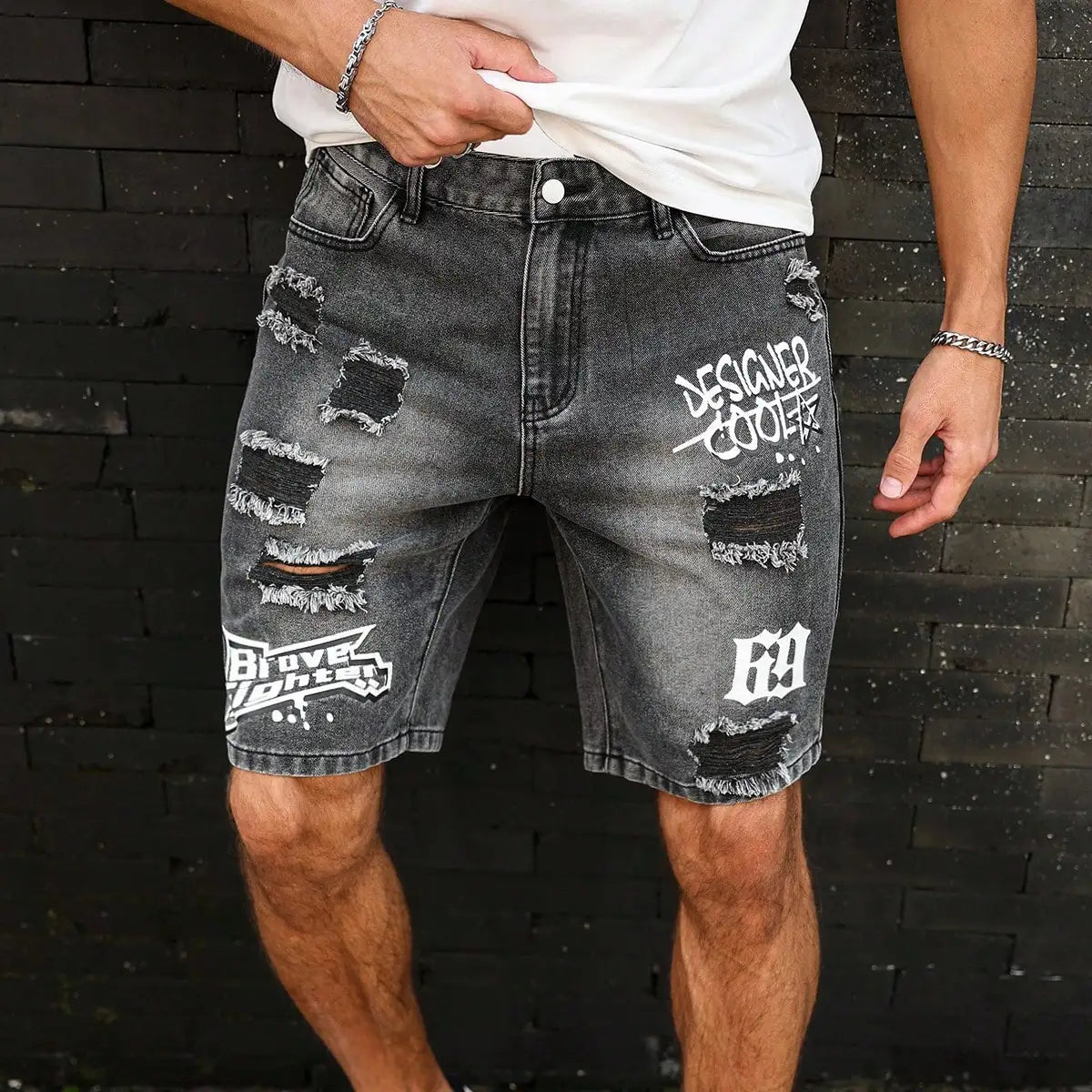 Wholesale Men's Distressed Shorts, Fashionable Jeans, Summer Casual Style, Mid-Waist, Light Color, Woven