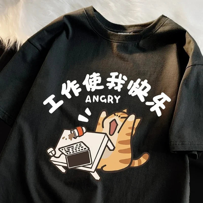 Work Makes Me Happy Fun Cat Printed Japanese Style T-Shirts Women Fashion Breathable Tshirt Casual Summer Clothes Tops
