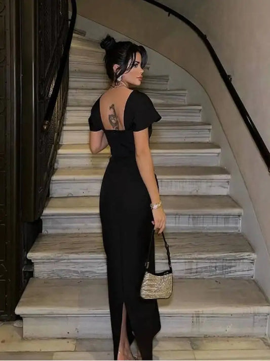 New Women's Short Sleevel Square Neck Diamonds Bandage Dress Floor Length Bodycon Fashion Celebrity Party Maxi Dress