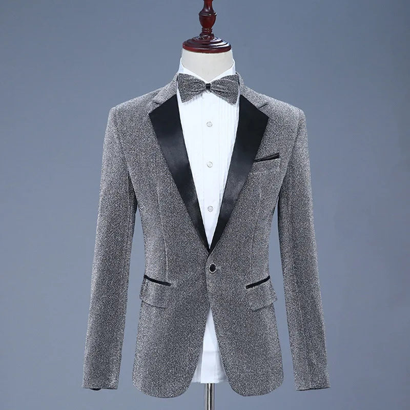New Men Luxury Shiny Jacket Men's Nightclub Prom Suit Costume 2 Peice Set Lapel Blazer with Bow Tie Groomsmen Singer Clothes