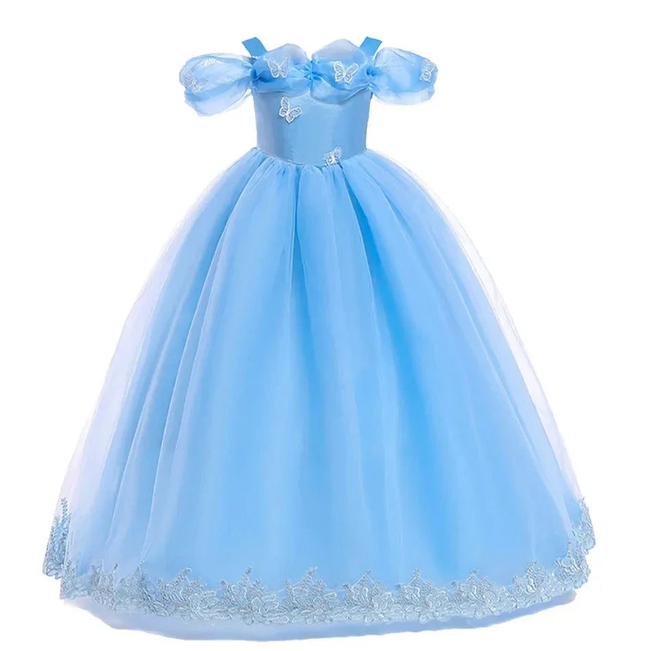 Girls New Year Blue Long Dress for Kids Christmas Birthday Party Dresses Butterfly Cinderella Cosplay Costumes Chidren Outfits