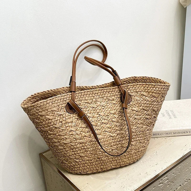 Summer Wicker Woven Basket Bags Rattan Women Handbags Handmade Summer Beach Straw Tote Bag Designer Shoulder Bag Khaki