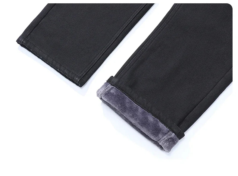 Winter Men's Fleece Warm Jeans Classic Black Plush Loose Straight Business Casual Pants Thermal Male Clothing 40 42 44