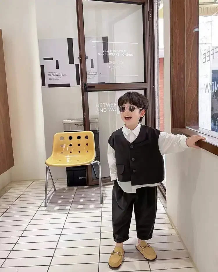 Boys' Autumn Set Trendy and Cool Children's Autumn Wear Boys and Babies Handsome Casual Suit Vest Three Piece Set New