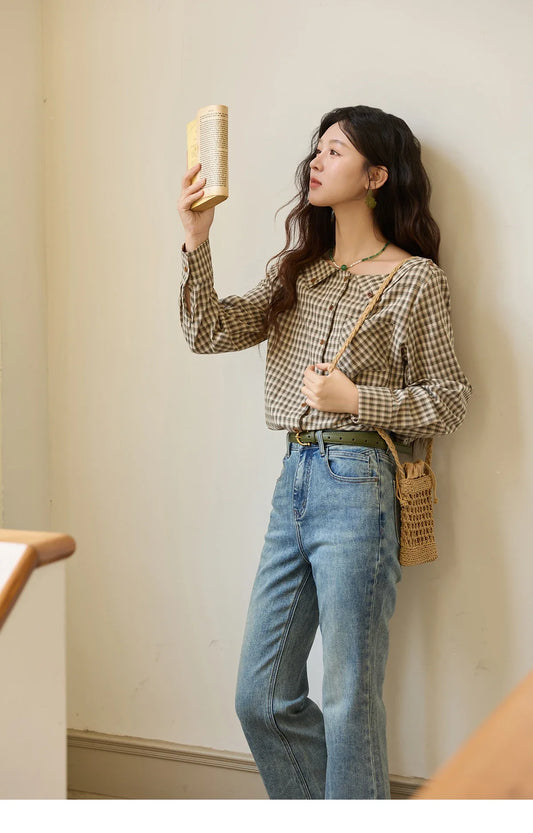 Women's Casual Shirts Cotton Autumn Side Slit Pockets Plaid Shirts Commute Elegant Chic Woman Top with Belt MXE44X2469