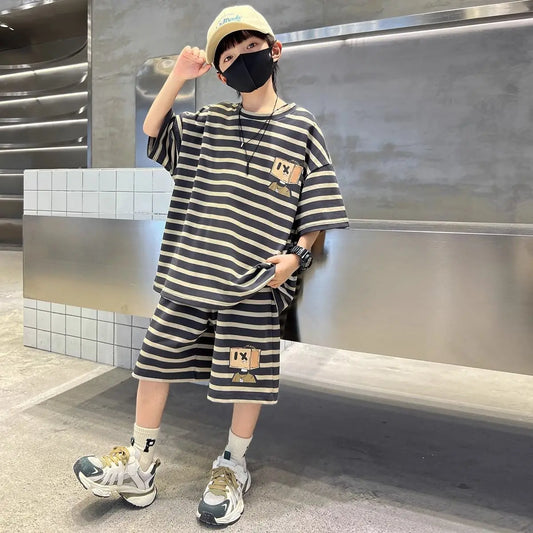 Stripe Sport Two-Piece Set Children Sets Shorts for Boy Children's Clothing From 3 To 4 Boys Outfit Cartoon Fashion Clothes Kids