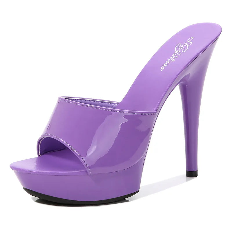 Slippers Women Summer 2022 New Black High Heels 13 CM Color Club Sexy High Platform Thin Party Girl Show Sandals Size 34-43