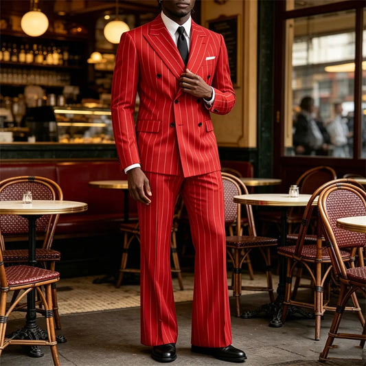 Men's 2 Piece Suit Pinstripe Double Breasted Peak Lapel Slim Fit Flared Pants Wedding Prom Business Formal Parties Chic Outfit