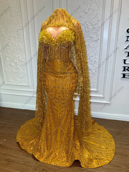 Glamorous Gold Stones Prom Dresses With Head Cover Beaded Rhinestones Mermaid African Wedding Dress Black Girls Customized