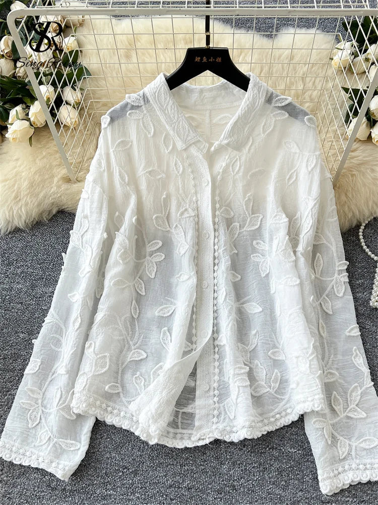 2025 Spring Gentle Women Blouse Leaves Embroidery Single Breasted Long Sleeves Summer Thin Streetwear Casual Shirt
