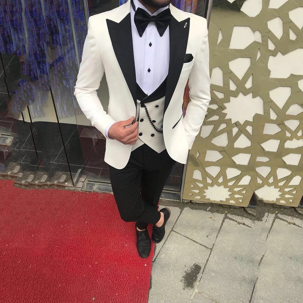 Slim Fit Ivory Male Suits One Button Double Breast Vest Groom Wear Wedding Suit For Men 3 Pieces Suit Set Blazer Costume Homme