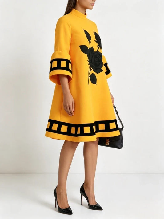 Modigirl Flower Print Loose Yellow Dresses for Women Autumn Winter Clothes Flared Sleeves Woman Midi Casual A-line Dress