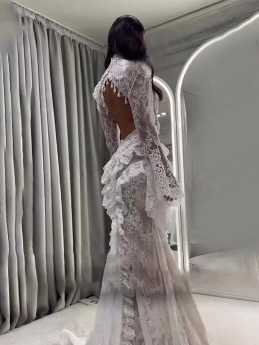 Fashionable Lace Puff Sleeves Wedding Dress Romantic High Neck Customized Bridal Gown Charming Side Slit Sexy Women Cut Out