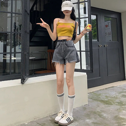 High Waist Slimming Color Block Denim Shorts Women Summer Thin New Small Size Wide Leg A-Line Shorts Korean Y2K Style
