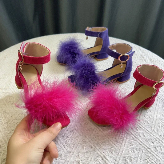 New Girls Low-heels Sandals Summer Fluffy Kids Princess Catwalk Shoes Open-toe Versatile Children Fashion Wedding Party Sandals