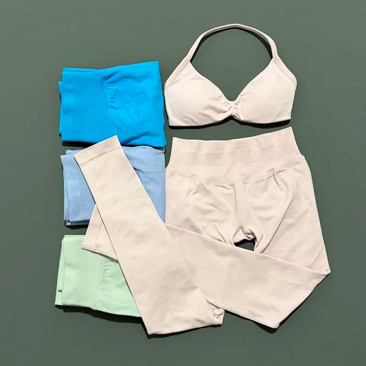 2 Piece Sports Set Women Yoga Backless Halter Bra High Waist Scrunch Seamless Pants Sport Suit Gym Sportswear Workout Set