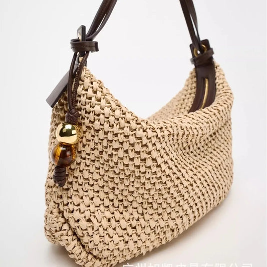 Casual Hobos Straw Bag Designer Woven Women Shoulder Bags Vintage Bead Deco Handbags Handmade Summer Beach Bag Small Tote Purses