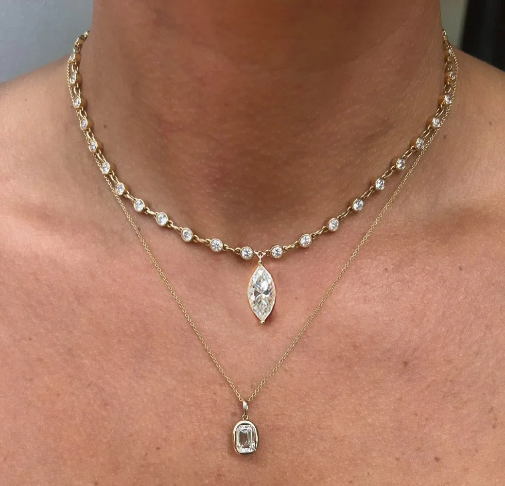3MM Round Bubble Moissanite Diamond Tennis Neclace With 3carat Marquise Cut Pendant Neck Chain For Women 925 Silver Fine Jewelry