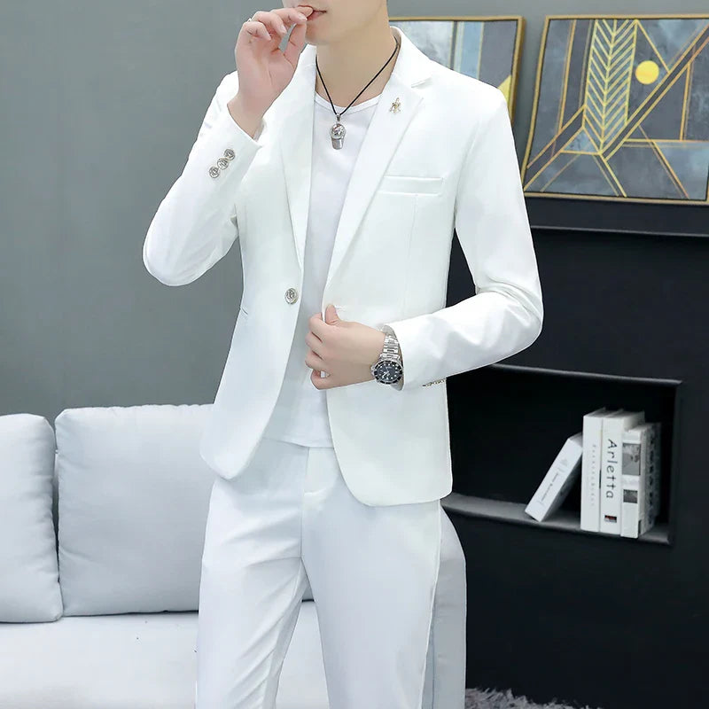 Slim Fit Two-Piece Suit Casual Business Style Solid Color Autumn Dress Suit with Trousers Included Stylish Men's Costume