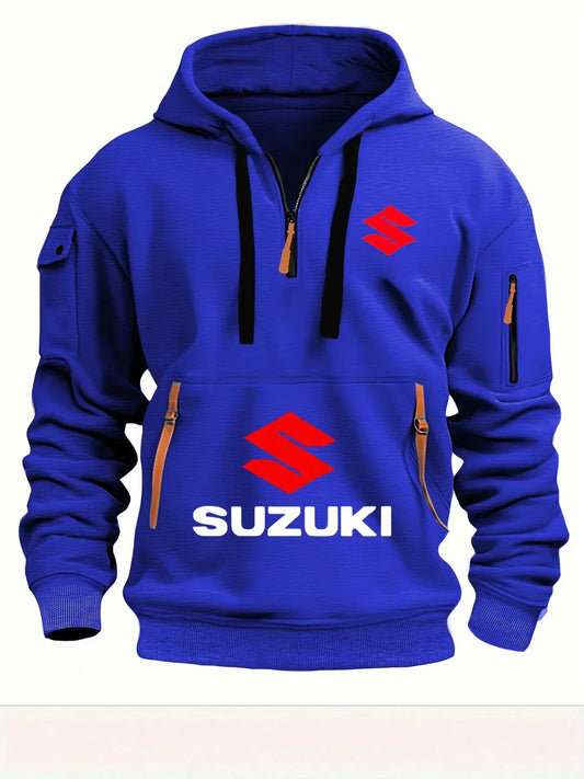 2026 Nueva sudadera con capucha Suzuki estilo motocicleta con diseño de media cremallera y logotipo rojo, top informal estilo
